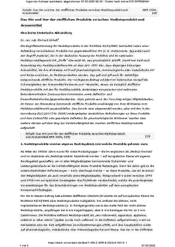 Vorschauseite 1: Das Hin und Her der stofflichen Produkte zwischen Medizinprodukt und Arzneimittel.