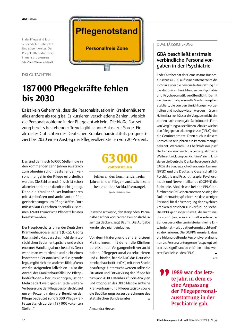 Vorschauseite 1: DKI Gutachten: 187 000 Pflegekräfte fehlen bis 2030