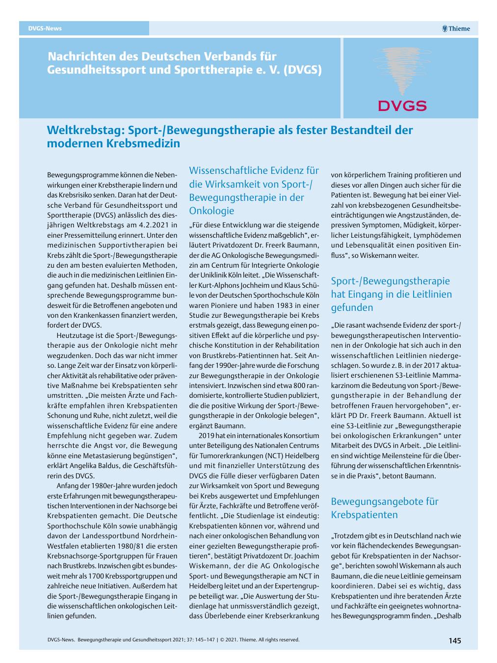 Vorschauseite 1: Weltkrebstag: Sport-/Bewegungstherapie als fester Bestandteil der modernen Krebsmedizin