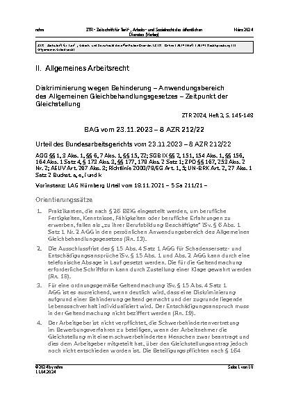 Vorschauseite 1: Diskriminierung wegen Behinderung – Anwendungsbereich des Allgemeinen Gleichbehandlungsgesetzes – Zeitpunkt der Gleichstellung
