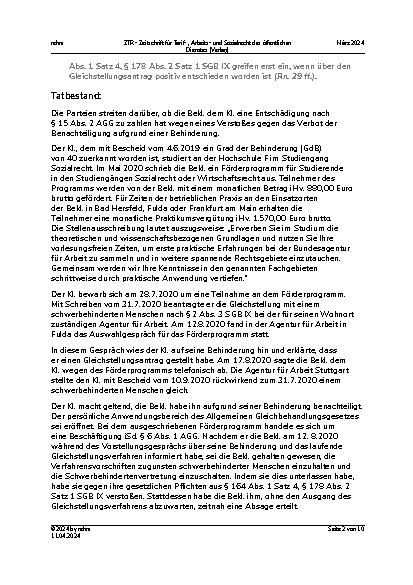 Vorschauseite 2: Diskriminierung wegen Behinderung – Anwendungsbereich des Allgemeinen Gleichbehandlungsgesetzes – Zeitpunkt der Gleichstellung