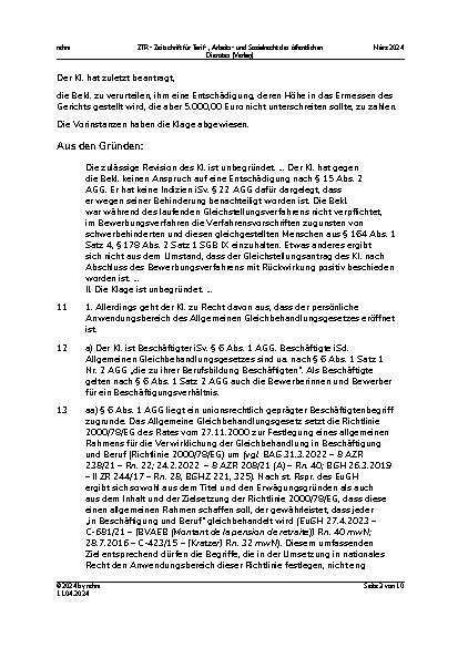 Vorschauseite 3: Diskriminierung wegen Behinderung – Anwendungsbereich des Allgemeinen Gleichbehandlungsgesetzes – Zeitpunkt der Gleichstellung