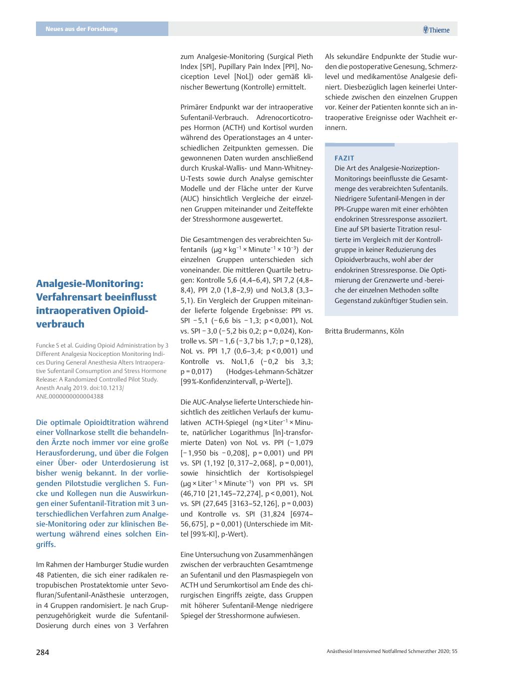 Vorschauseite 1: Analgesiemonitoring: Verfahrensart beeinflusst intraoperativen Opioidverbrauch