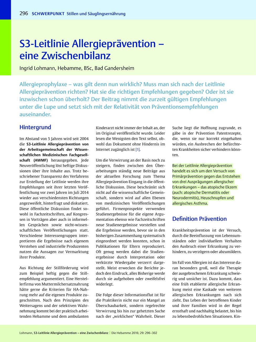 Vorschauseite 1: S3-Leitlinie Allergieprävention – eine Zwischenbilanz