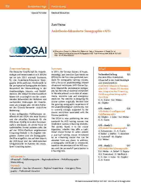 Vorschauseite 1: Anästhesie-fokussierte Sonographie (AFS) Neues AFS-Kurssystem, Integration des E-Learning, Einführung eines Sonographie-Zertifikats