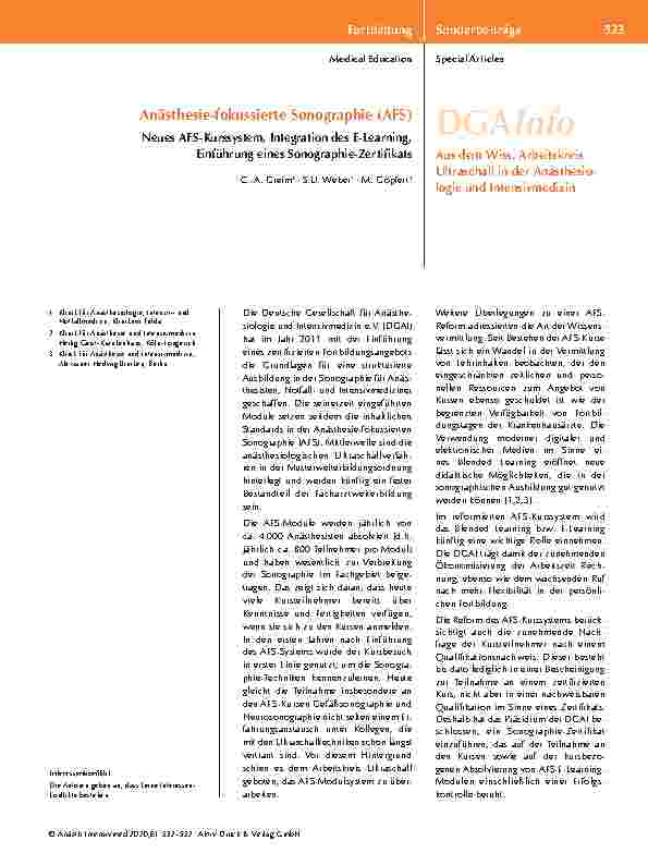 Vorschauseite 2: Anästhesie-fokussierte Sonographie (AFS) Neues AFS-Kurssystem, Integration des E-Learning, Einführung eines Sonographie-Zertifikats