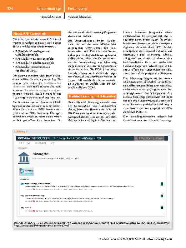Vorschauseite 3: Anästhesie-fokussierte Sonographie (AFS) Neues AFS-Kurssystem, Integration des E-Learning, Einführung eines Sonographie-Zertifikats