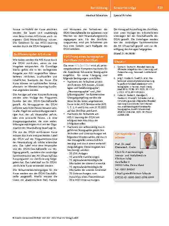 Vorschauseite 4: Anästhesie-fokussierte Sonographie (AFS) Neues AFS-Kurssystem, Integration des E-Learning, Einführung eines Sonographie-Zertifikats