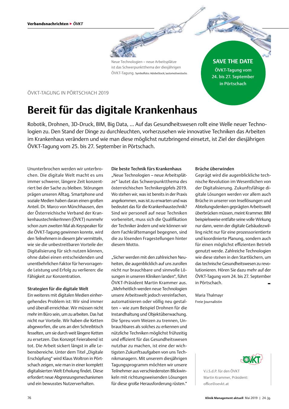 Vorschauseite 1: ÖVKT-tagung In Pörtschach 2019: Bereit für das digitale Krankenhaus