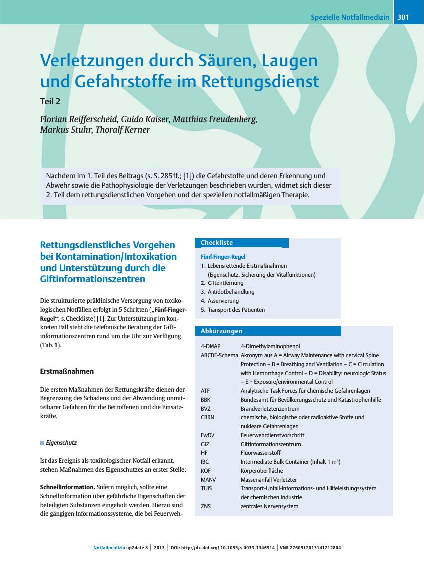 Vorschauseite 1: Verletzungen durch Säuren, Laugen und Gefahrstoffe im Rettungsdienst