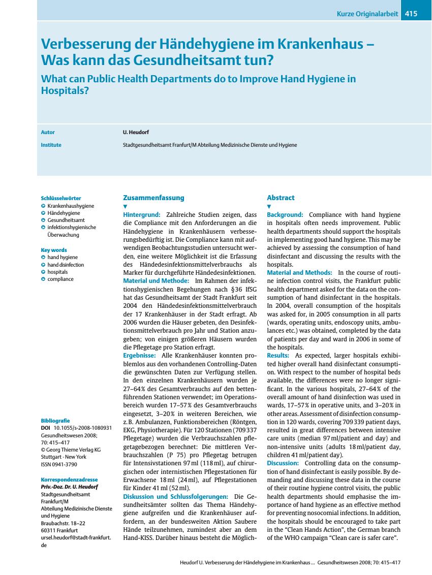 Vorschauseite 1: Verbesserung der Händehygiene im Krankenhaus – Was kann das Gesundheitsamt tun?