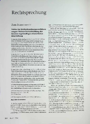 Vorschauseite 1: Zum Beamtenrecht Fehler im Stellenbesetzungsverfahren wegen fiktiver Fortschreibung der letzten regelmäßigen dienstlichen Beurteilung