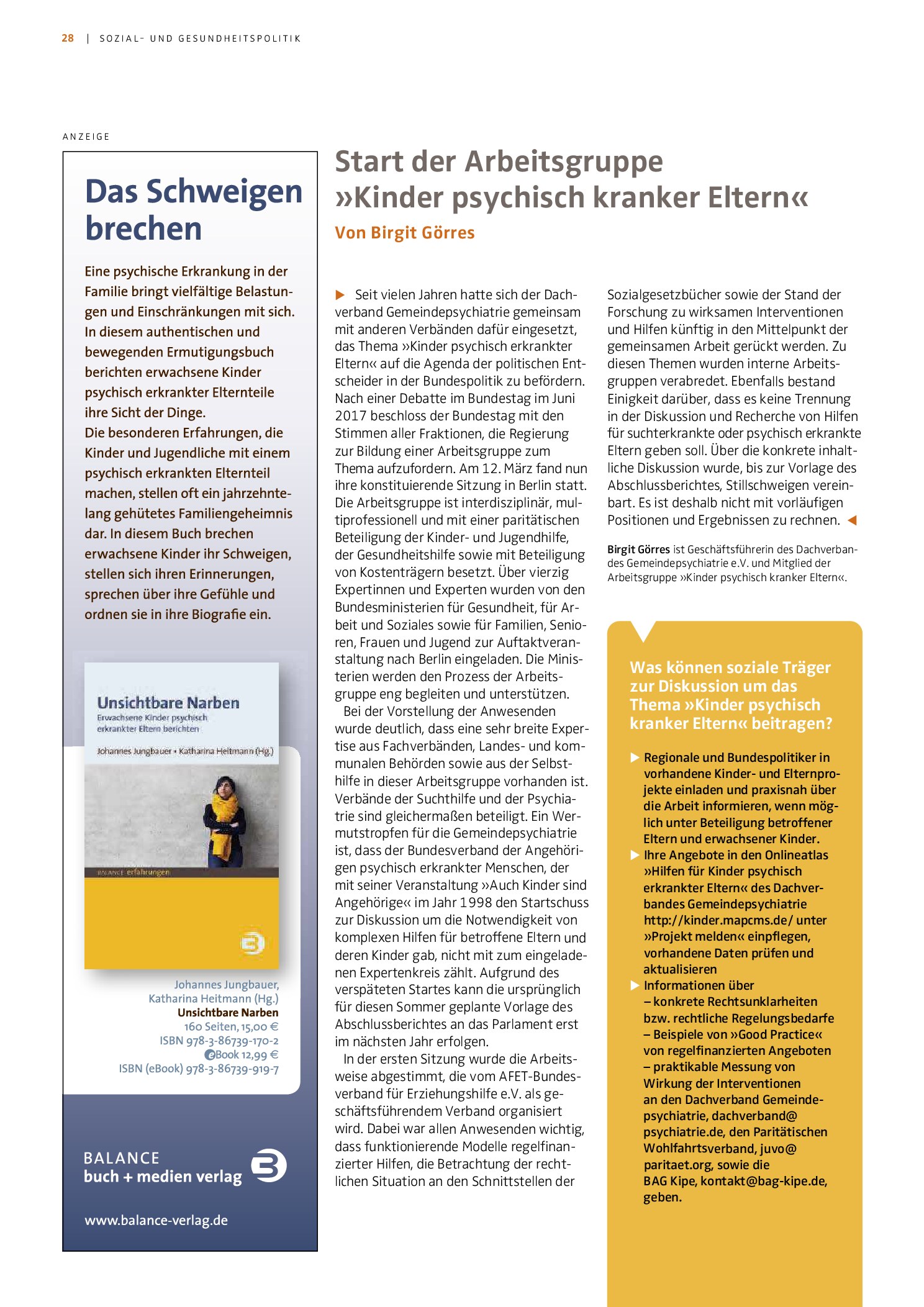 Vorschauseite 1: Start der Arbeitsgruppe »Kinder psychisch kranker Eltern«