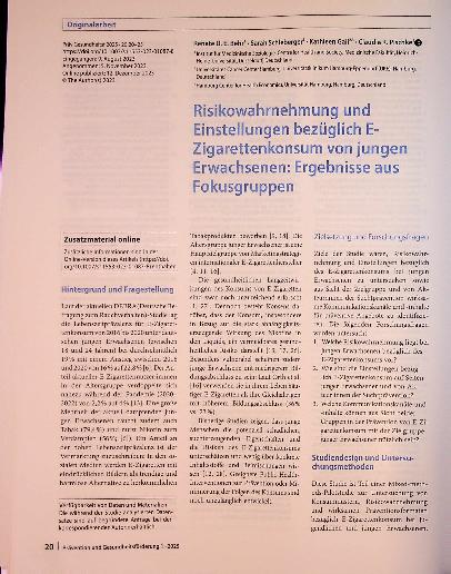 Vorschauseite 1: Risikowahrnehmung und Einstellungen bezüglich E-Zigarettenkonsum von jungen Erwachsenen: Ergebnisse aus Fokusgruppen