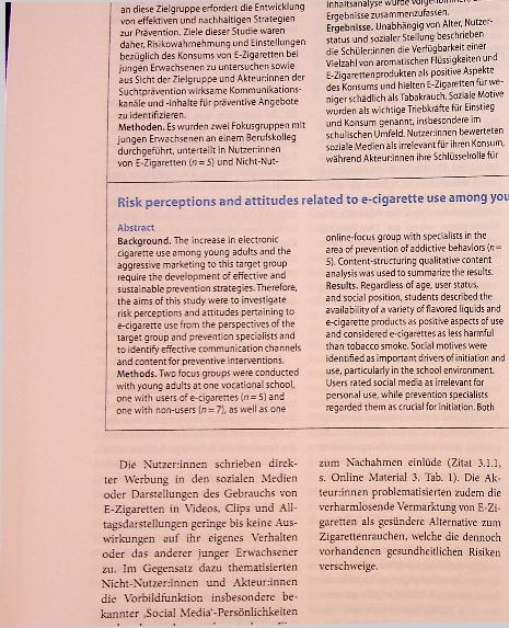 Vorschauseite 3: Risikowahrnehmung und Einstellungen bezüglich E-Zigarettenkonsum von jungen Erwachsenen: Ergebnisse aus Fokusgruppen