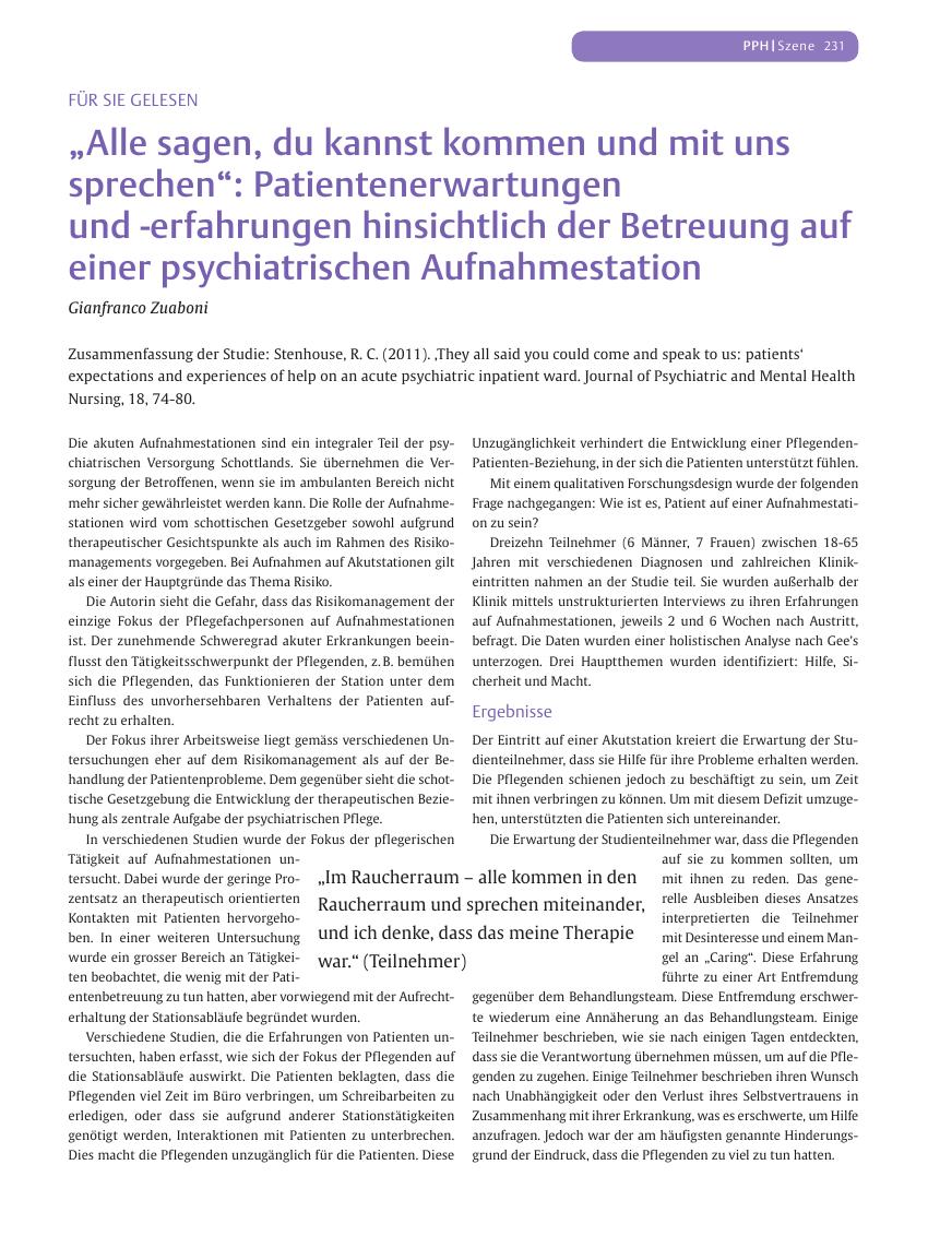 Vorschauseite 1: „Alle sagen, du kannst kommen und mit uns sprechen“: Patientenerwartungen und -erfahrungen hinsichtlich der Betreuung auf einer psychiatrischen Aufnahmestation