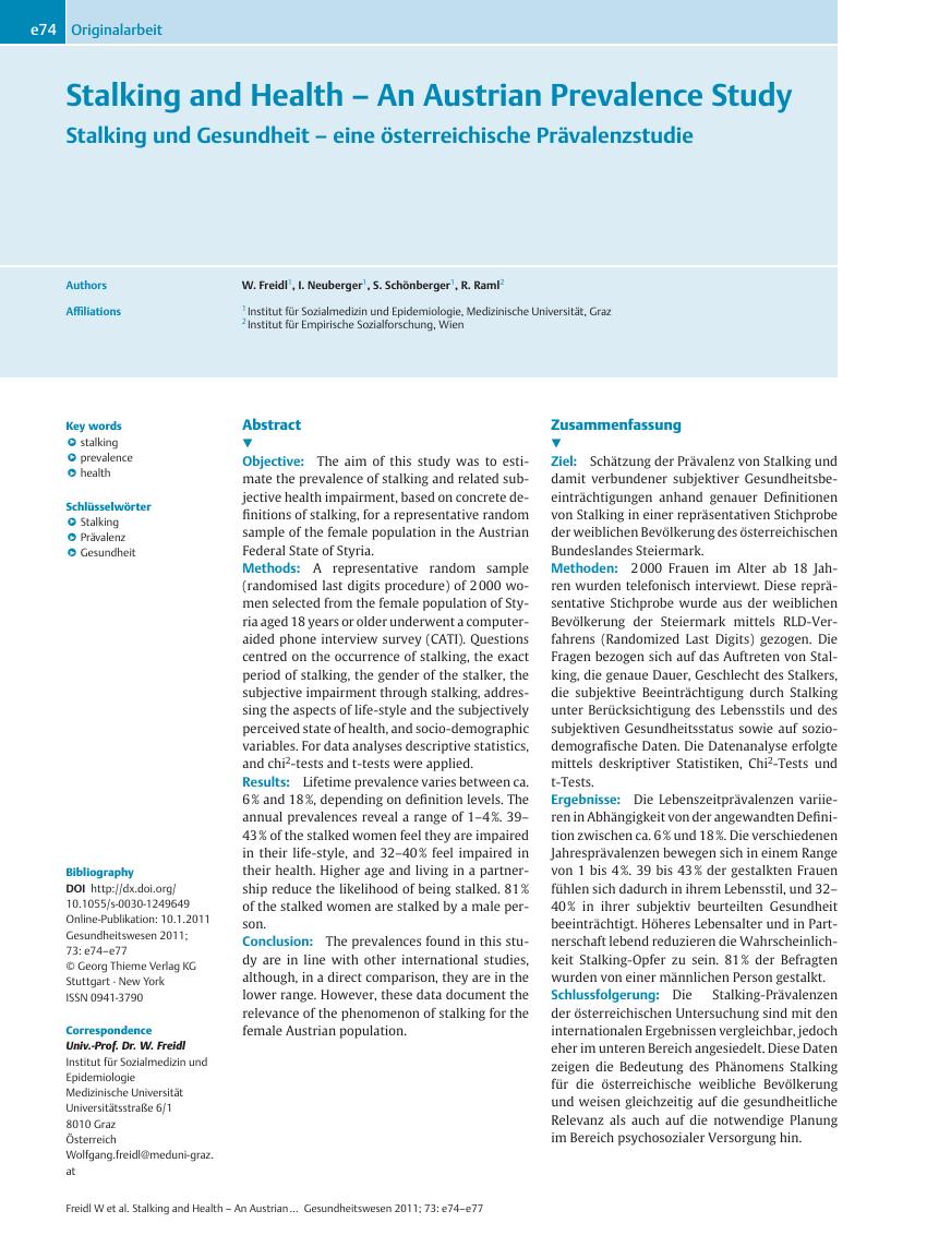 Vorschauseite 1: Stalking and Health – An Austrian Prevalence Study