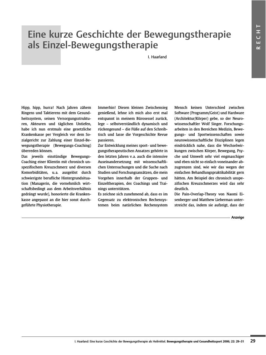 Vorschauseite 1: Eine kurze Geschichte der Bewegungstherapie als Einzel-Bewegungstherapie