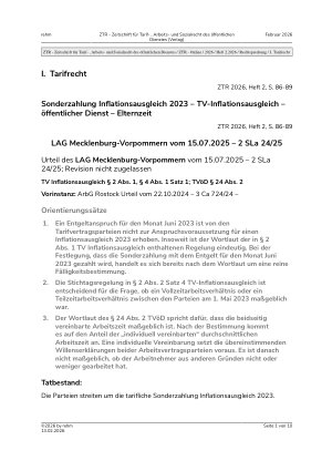 Vorschauseite 1: I. Tarifrecht Sonderzahlung Inflationsausgleich 2023 – TV-Inflationsausgleich – öffentlicher Dienst – Elternzeit