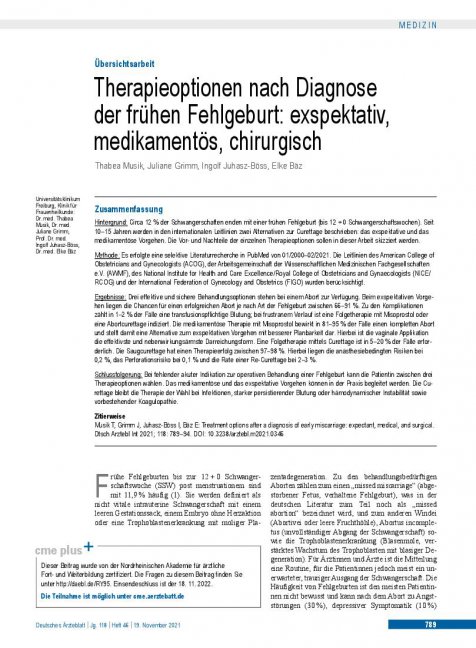 Vorschauseite 1: Therapieoptionen nach Diagnose der frühen Fehlgeburt: expectativ, medikamentös, chirurgisch