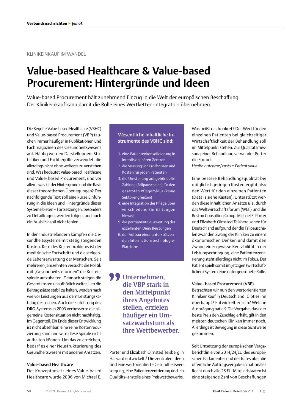 Vorschauseite 1: Klinikeinkauf im Wandel: Value-based Healthcare & Value-based Procurement: Hintergründe und Ideen