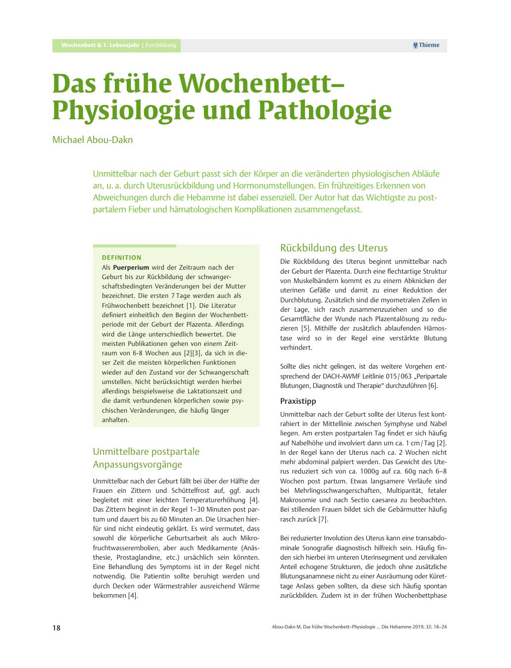 Vorschauseite 1: Das frühe Wochenbett–Physiologie und Pathologie