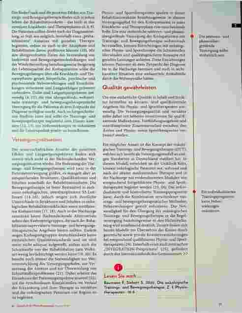 Vorschauseite 2: Versorgungssituation in der Onkologie: Einrichtungen mit onkologischer Physiound Sporttherapie sollten flächendeckende Strukturen werden.