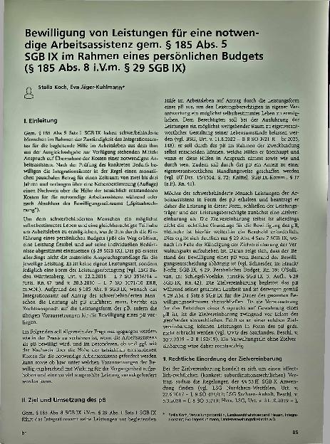 Vorschauseite 1: Bewilligung von Leistungen für eine notwendige Arbeitsassistenz gem. § 185 Abs. 5 SGB IX im Rahmen eines persönlichen Budgets (§ 185 Abs. 8 i.V.m. § 29 SGB IX)