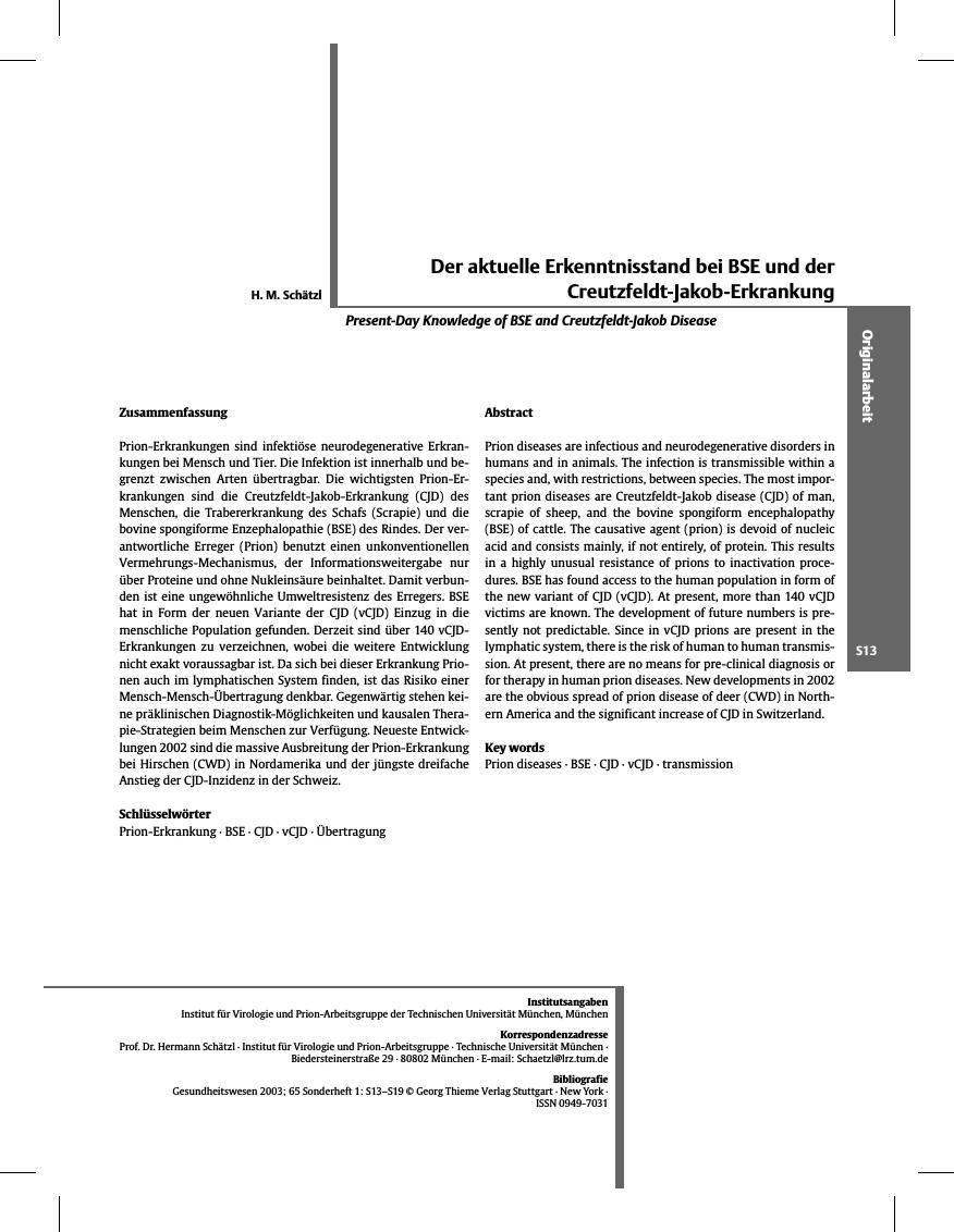 Vorschauseite 1: Der aktuelle Erkenntnisstand bei BSE und der Creutzfeldt-Jakob-Erkrankung