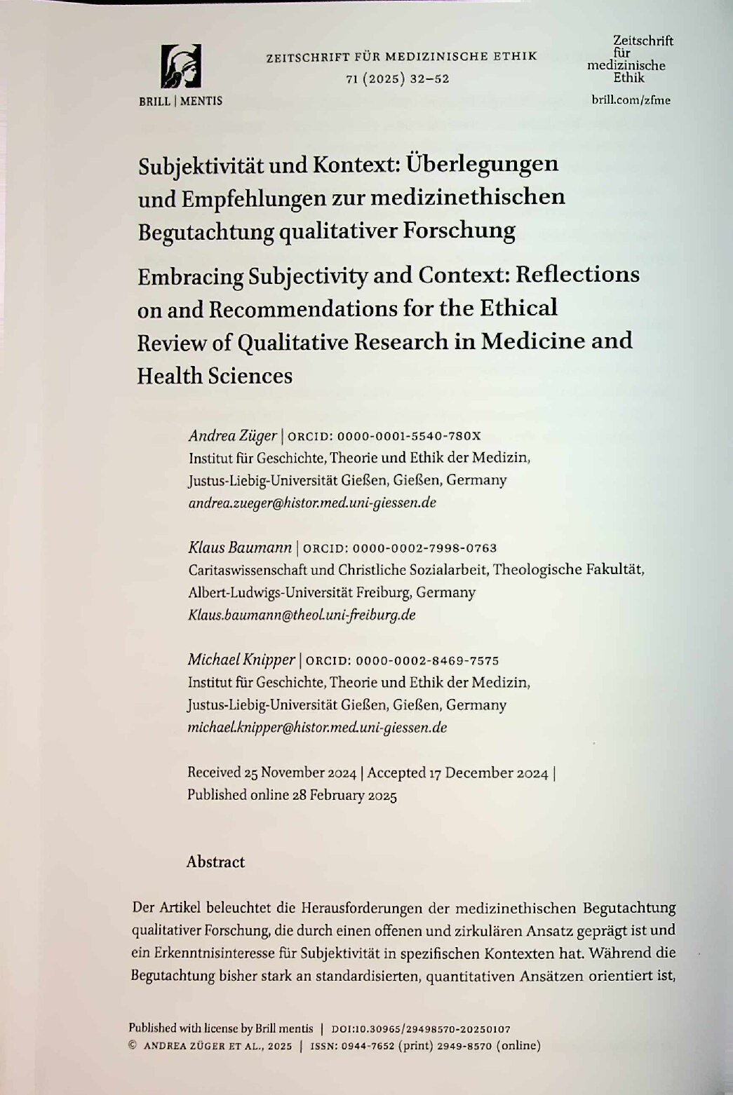 Vorschauseite 1: Subjektivität und Kontext: Überlegungen und Empfehlungen zur medizinethischen Begutachtung qualitativer Forschung