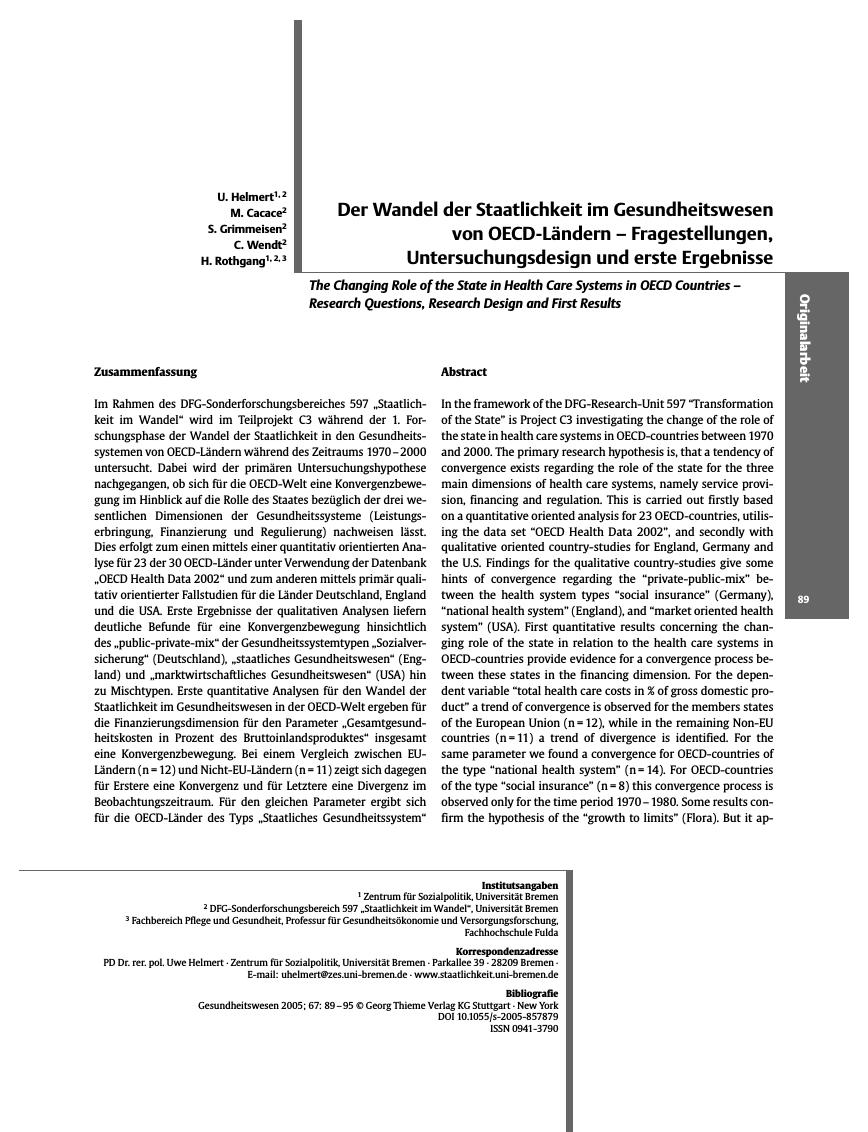 Vorschauseite 1: Der Wandel der Staatlichkeit im Gesundheitswesen von OECD-Ländern - Fragestellungen, Untersuchungsdesign und erste Ergebnisse