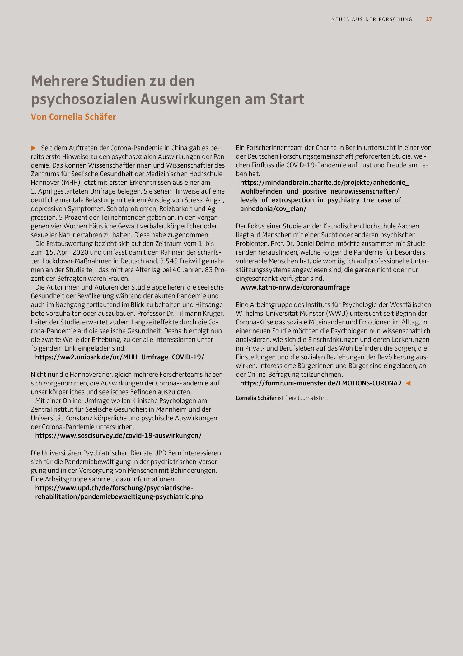 Vorschauseite 1: Mehrere Studien zu den psychosozialen Auswirkungen am Start