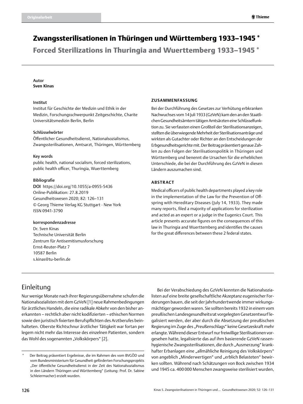 Vorschauseite 1: Zwangssterilisationen in Thüringen und Württemberg 1933? 1945