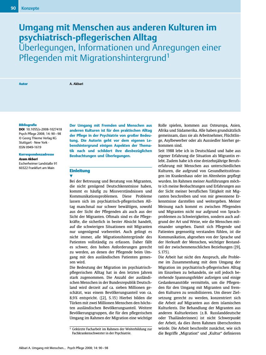 Vorschauseite 1: Umgang mit Menschen aus anderen Kulturen im psychiatrisch-pflegerischen Alltag