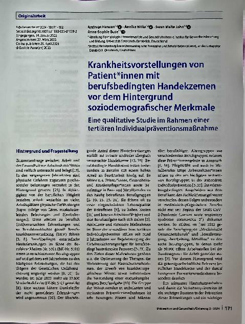 Vorschauseite 1: Krankheitsvorstellungen von Patientinnen mit berufsbedingten Handekzemen vor dem Hintergrund soziodemografischer Merkmale