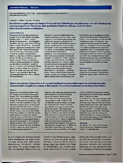 Vorschauseite 3: Krankheitsvorstellungen von Patientinnen mit berufsbedingten Handekzemen vor dem Hintergrund soziodemografischer Merkmale