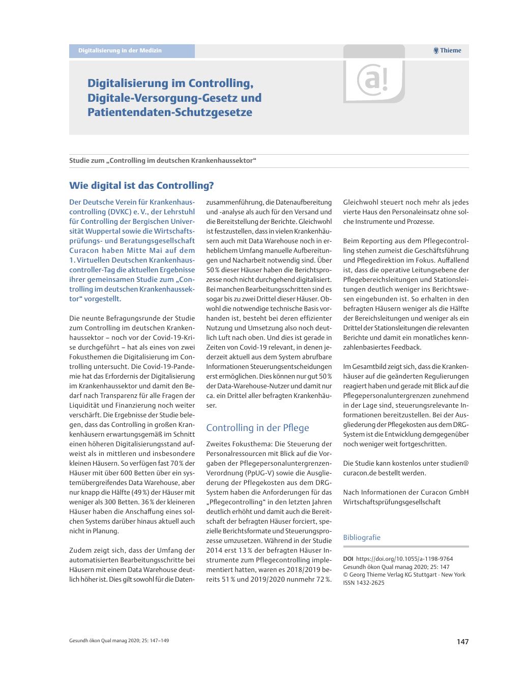 Vorschauseite 1: Studie zum „Controlling im deutschen Krankenhaussektor“ – Wie digital ist das Controlling?