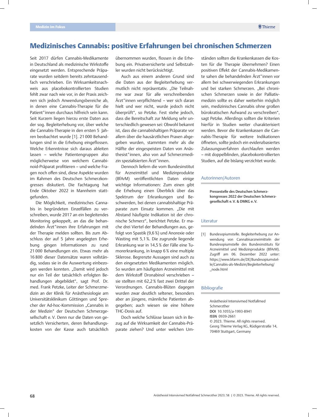 Vorschauseite 1: Medizinisches Cannabis: positive Erfahrungen bei chronischen Schmerzen