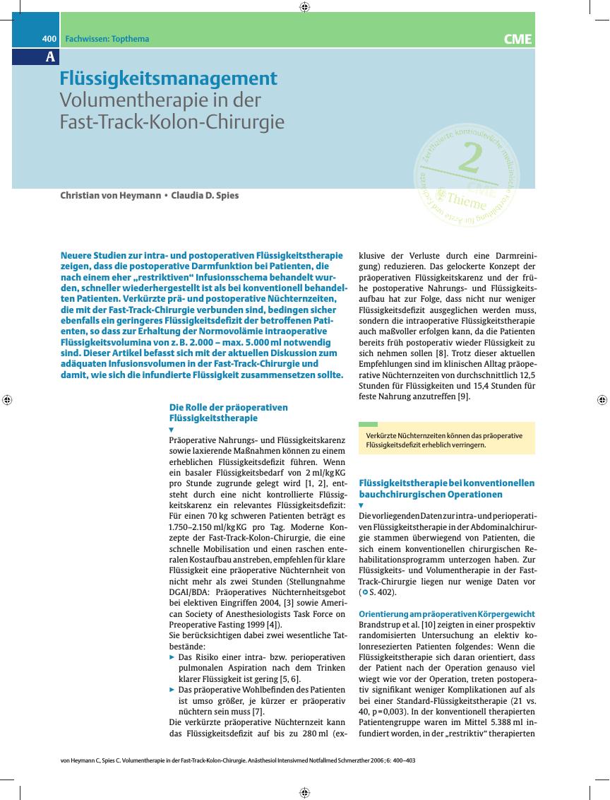 Vorschauseite 1: Flüssigkeitsmanagement - Volumentherapie in der Fast-Track-Kolon-Chirurgie
