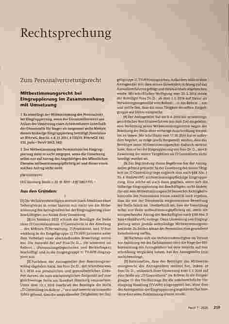 Vorschauseite 1: Rechtsprechung Mitbestimmungsrecht bei Eingruppierung im Zusammenhang mit Umsetzung