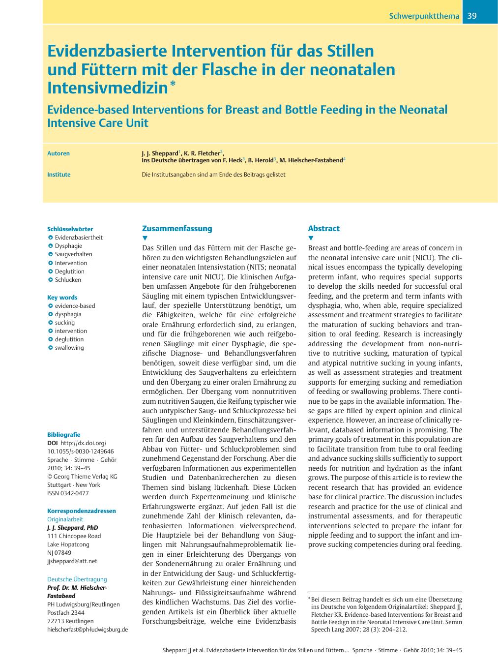 Vorschauseite 1: Evidenzbasierte Intervention für das Stillen und Füttern mit der Flasche in der neonatalen Intensivmedizin