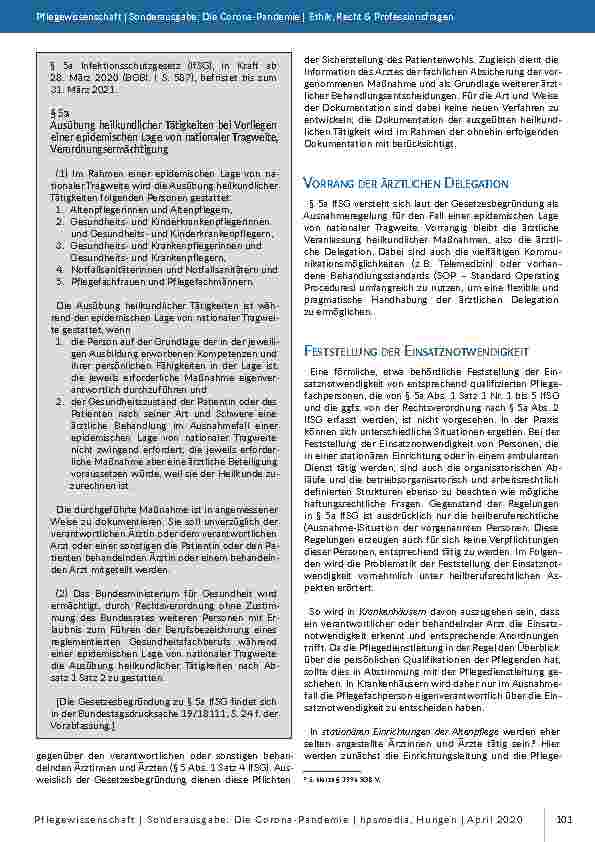 Vorschauseite 2: Zeitlich begrenzte heilberuferechtliche Ausnahmevorschriften bei einer epidemischen Lage mit nationaler Tragweite: Pflegefachberufe dürfen den Ärzten vorbehaltenen heilkundlichen…