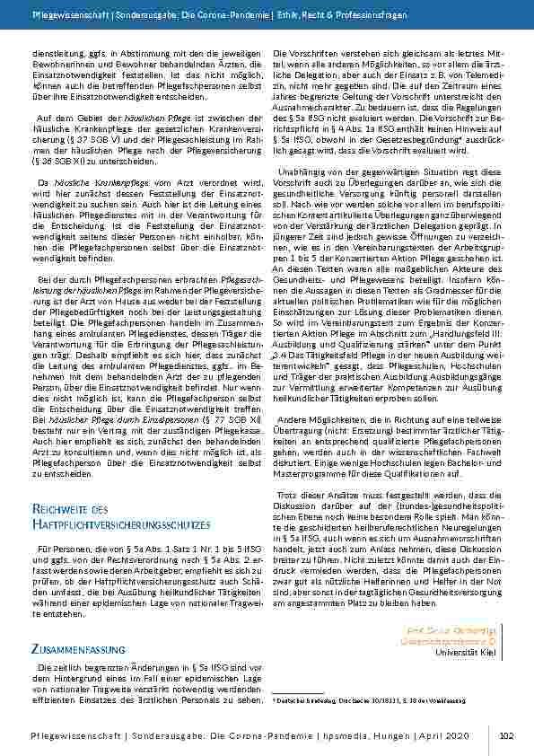 Vorschauseite 3: Zeitlich begrenzte heilberuferechtliche Ausnahmevorschriften bei einer epidemischen Lage mit nationaler Tragweite: Pflegefachberufe dürfen den Ärzten vorbehaltenen heilkundlichen…