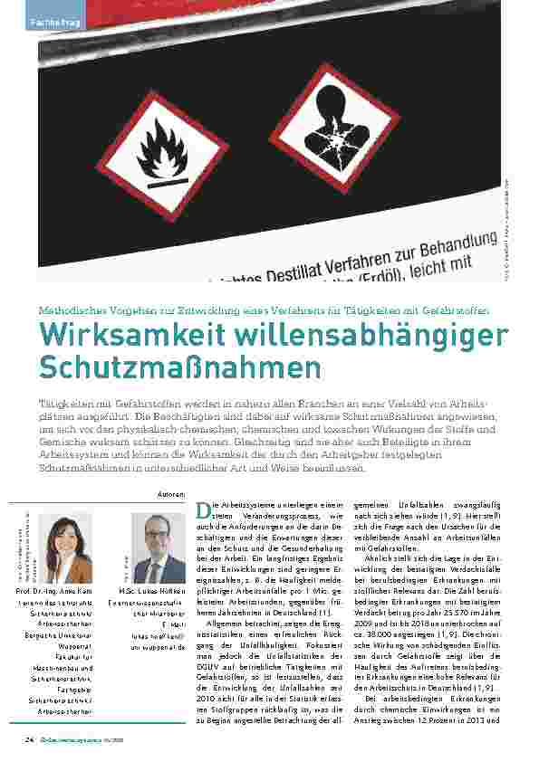 Vorschauseite 1: Methodisches Vorgehen zur Entwicklung eines Verfahrens für Tätigkeiten mit Gefahrstoffen: Wirksamkeit willensabhängiger Schutzmaßnahmen.
