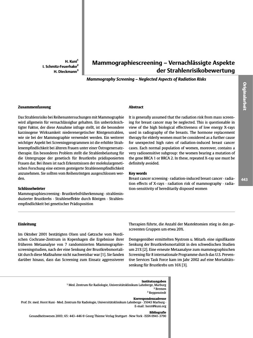 Vorschauseite 1: Mammographiescreening - Vernachlässigte Aspekte der Strahlenrisikobewertung