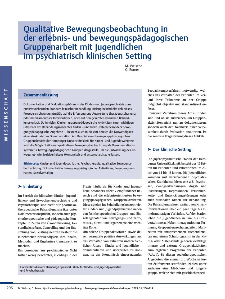 Vorschauseite 1: Qualitative Bewegungsbeobachtung in der erlebnisund bewegungspädagogischen Gruppenarbeit mit Jugendlichen im psychiatrisch klinischen Setting