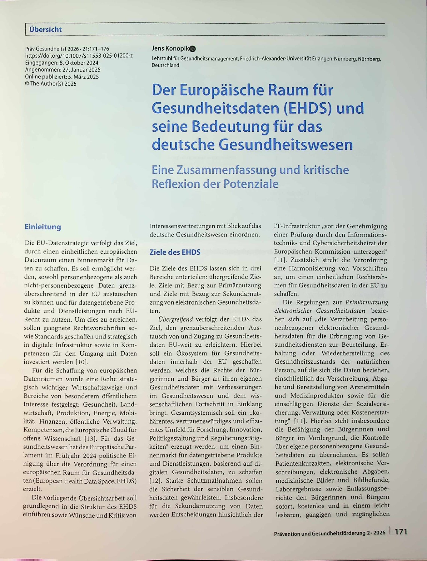 Vorschauseite 1: Der Europäische Raum für Gesundheitsdaten (EHDS) und seine Bedeutung für das deutsche Gesundheitswesen. Eine Zusammenfassung und kritische Reflexion der Potenziale