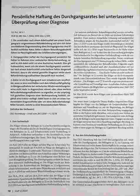 Vorschauseite 1: Persönliche Haftung des Durchgangsarztes bei unterlassener Überprüfung einer Diagnose