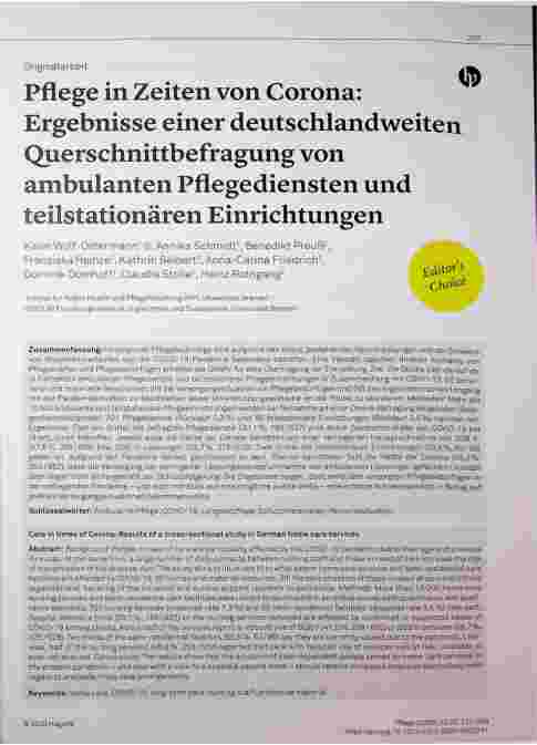 Vorschauseite 1: Pflege in Zeiten von Corona: Ergebnisse einer deutschlandweiten Querschnittsbefragung von ambulanten Pflegediensten und teilstationären Einrichtungen