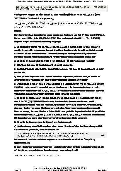 Vorschauseite 1: Vorlage von Fragen an den EuGH zu den Händlerpflichten nach Art. 14 VO (EU) 2017/745 – Trockenluftkompressor